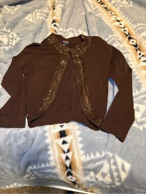XOXO Brown Girls Sequin Trim Cropped Cardigan